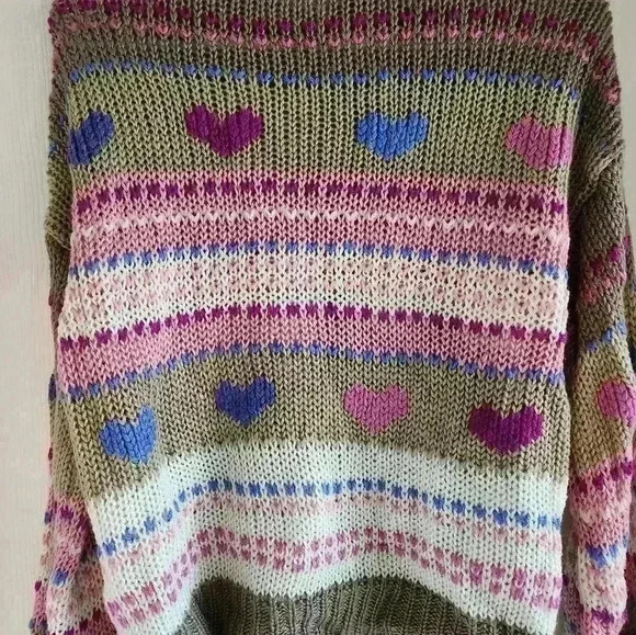 JF Adams Cute Hearts Striped Sz Large Sweater Knit Ivory Pink Tan - Picture 7 of 7